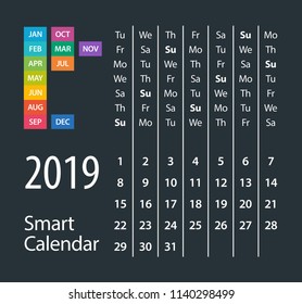 2019 Calendar Smart Short - vector illustration. Template. Mock up