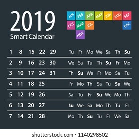 2019 Calendar Smart Short - vector illustration. Template. Mock up