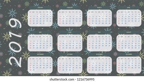 2019 calendar with snowflake background blue and white eps 10