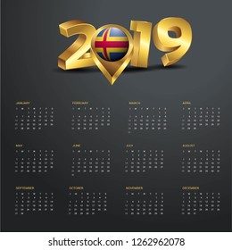 2019 Calendar Template. Aland Country Map Golden Typography Header