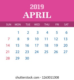 2019 Calendar Template - April