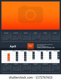 2019 Calendar template. April. Place for your photo. Business Planner Template. Stationery Design. Week starts Sunday. 1 large month on the page and all year little months. Vector Illustration
