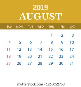 2019 Calendar Template - August