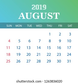 2019 Calendar Template - August