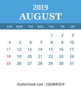 2019 Calendar Template - August