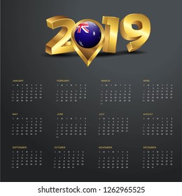 2019 Calendar Template. Australia Country Map Golden Typography Header