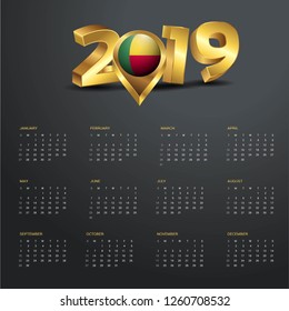 2019 Calendar Template. Benin Country Map Golden Typography Header