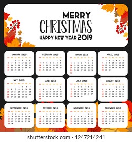 2019 Calendar template. Christmas and Happy new Year Background