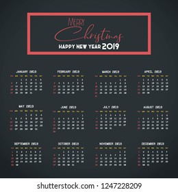 2019 Calendar template. Christmas and Happy new Year Background