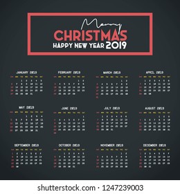 2019 Calendar template. Christmas and Happy new Year Background