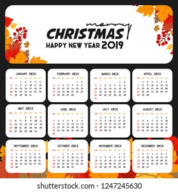 2019 Calendar template. Christmas and Happy new Year Background