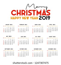 2019 Calendar template. Christmas and Happy new Year Background