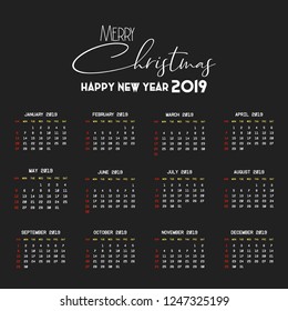 2019 Calendar template. Christmas and Happy new Year Background