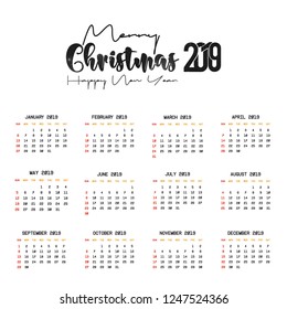 2019 Calendar template. Christmas and Happy new Year Background