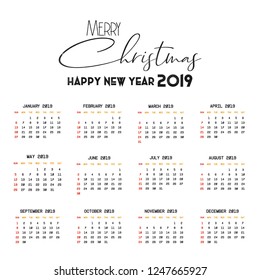 2019 Calendar template. Christmas and Happy new Year Background