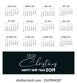 2019 Calendar template. Christmas and Happy new Year Background