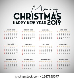 2019 Calendar template. Christmas and Happy new Year Background