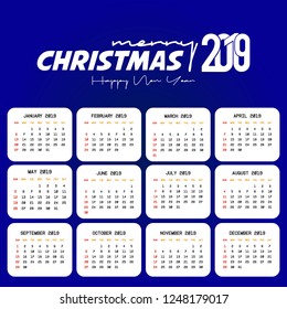 2019 Calendar template. Christmas and Happy new Year Background