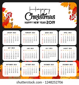 2019 Calendar template. Christmas and Happy new Year Background