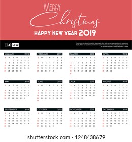 2019 Calendar template. Christmas and Happy new Year Background