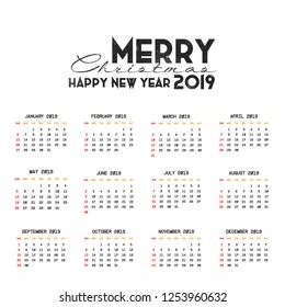 2019 Calendar template. Christmas and Happy new Year Background