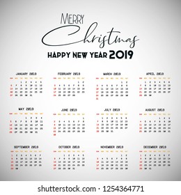 2019 Calendar template. Christmas and Happy new Year Background