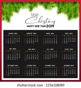 2019 Calendar template. Christmas and Happy new Year Background