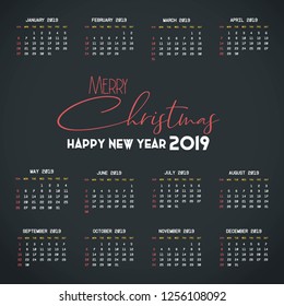 2019 Calendar template. Christmas and Happy new Year Background