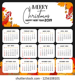 2019 Calendar template. Christmas and Happy new Year Background
