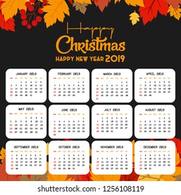 2019 Calendar template. Christmas and Happy new Year Background