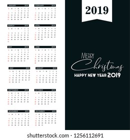 2019 Calendar template. Christmas and Happy new Year Background