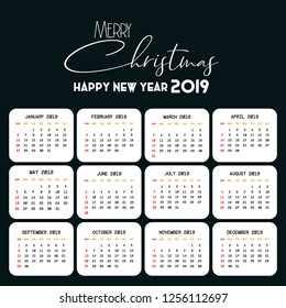 2019 Calendar template. Christmas and Happy new Year Background