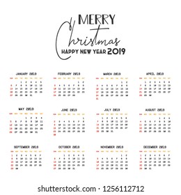 2019 Calendar template. Christmas and Happy new Year Background