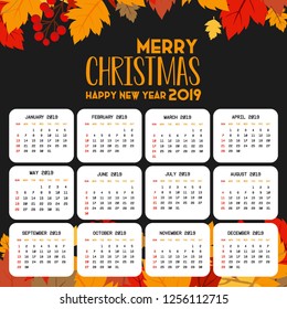 2019 Calendar template. Christmas and Happy new Year Background