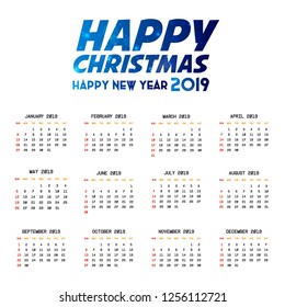 2019 Calendar template. Christmas and Happy new Year Background