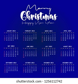 2019 Calendar template. Christmas and Happy new Year Background