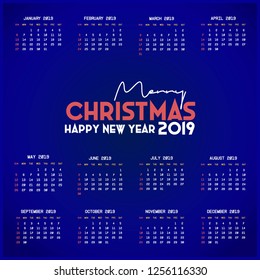 2019 Calendar template. Christmas and Happy new Year Background