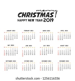 2019 Calendar template. Christmas and Happy new Year Background