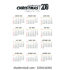 2019 Calendar template. Christmas and Happy new Year Background