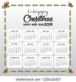 2019 Calendar template. Christmas and Happy new Year Background