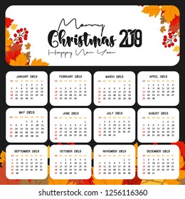 2019 Calendar template. Christmas and Happy new Year Background