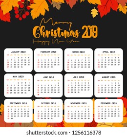 2019 Calendar template. Christmas and Happy new Year Background