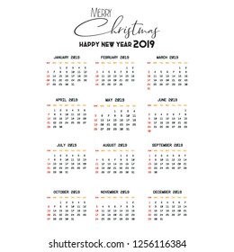 2019 Calendar template. Christmas and Happy new Year Background