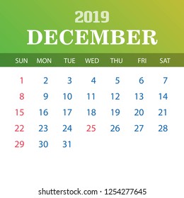 2019 Calendar Template - December