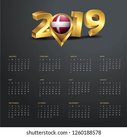 2019 Calendar Template. Denmark Country Map Golden Typography Header