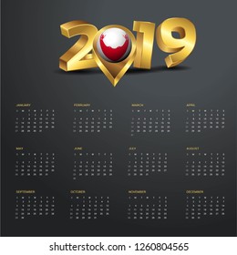 2019 Calendar Template. Easter Island Rapa Nui Country Map Golden Typography Header