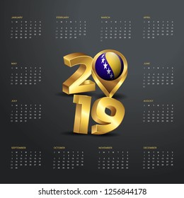 2019 Calendar Template. Golden Typography with Bosnia and Herzegovina Country Map Golden Typography Header