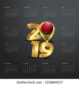 2019 Calendar Template. Golden Typography with Belarus Country Map Golden Typography Header