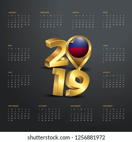 2019 Calendar Template. Golden Typography with Liechtenstein Country Map Golden Typography Header