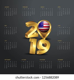 2019 Calendar Template. Golden Typography with Bikini Atoll Country Map Golden Typography Header